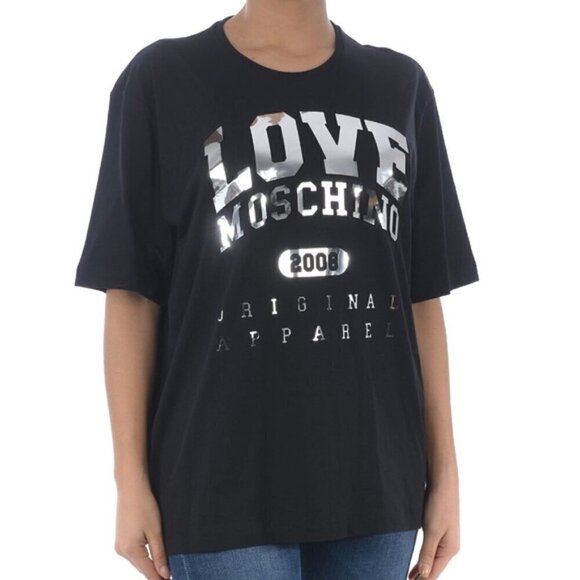 LOVE MOSCHINO Silver Logo Black Cotton T-shirt size 6 - Picture 1 of 12